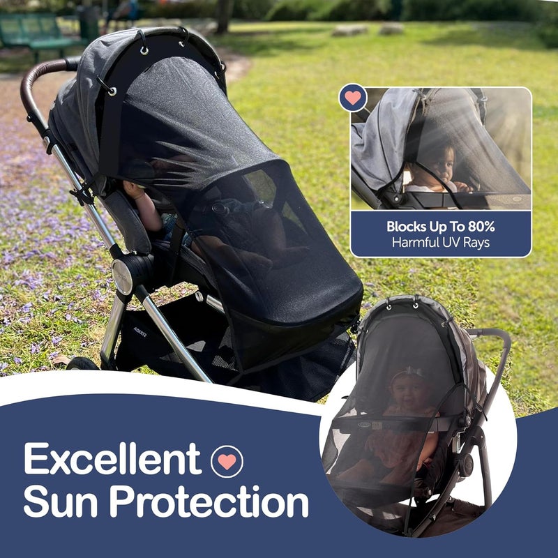 IntiMom Stroller Sun Shade - Universal UV Protection Cover for Strollers Sunshade with See Through, Clip-On Sun Blocker, Sun Shield for Baby, Breathable Adjustable Fit, Full Coverage, L Black - Image 2